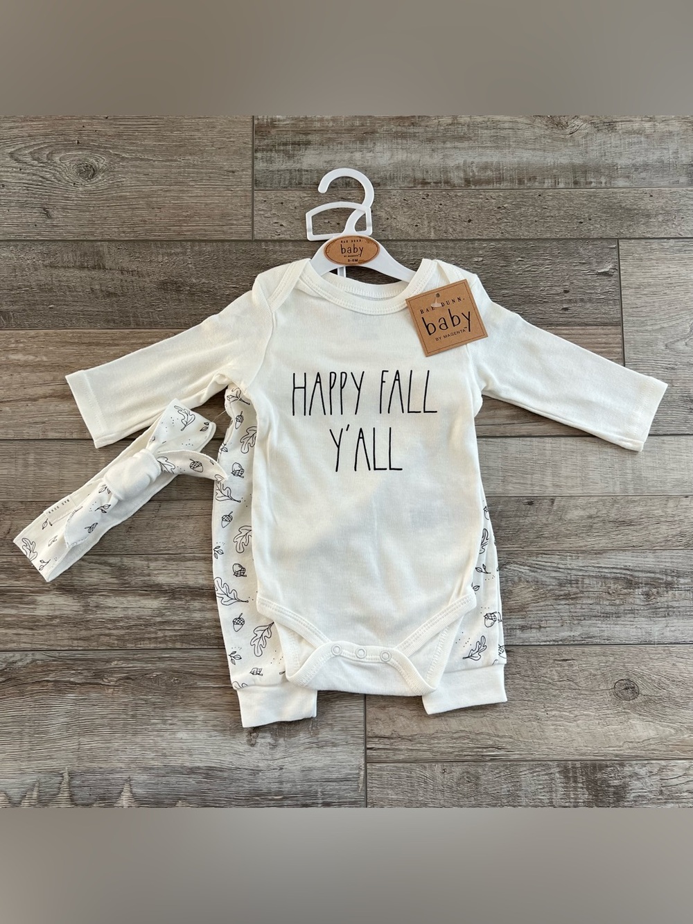 NWT Rae Dunn "Happy Fall Y'all" Onesie, Leggings & Headband Set 3/6 Months